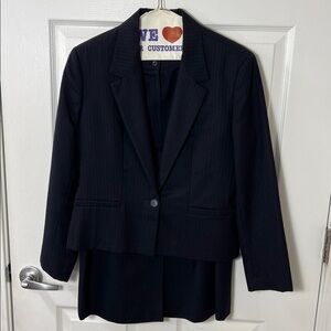 VTG 1980s Wall Street Prophecy Dark Navy Pinstripe 100% Wool Blazer & Skirt Set